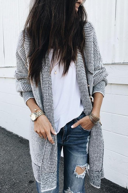 Textured Long Sleeve Open Front Knit Sweater