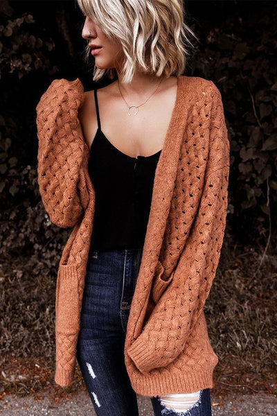 Brown Pocket Open Front Knitted Cardigan