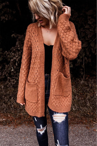 Brown Pocket Open Front Knitted Cardigan