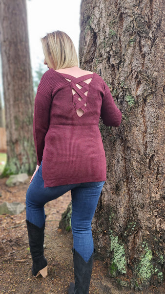 Alexis Caged Criss - Cross Back Tunic Sweater - Wine * FINAL SALE