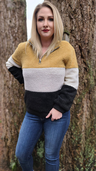 Kayla Sherpa Color Block Pullover - Mustard *FINAL SALE