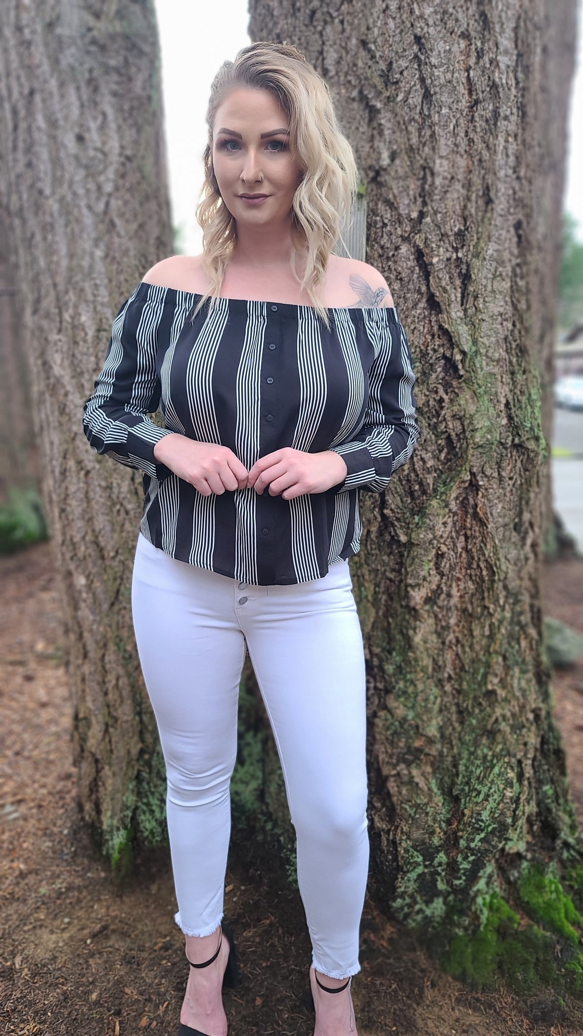 Dare To Dream Button-Down Off-The-Shoulder Top - Black *FINAL SALE