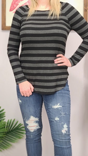 Calling Dibs striped long sleeve w/ elbow patch - Black/ Charcoal * FINAL SALE