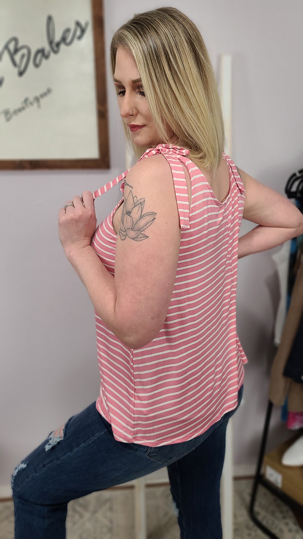 Krissy Sleeveless Striped Shoulder Tie Tank - Pink * FINAL SALE