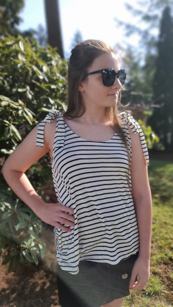 Krissy Sleeveless Striped Shoulder Tie Tank - Black / White *FINAL SALE