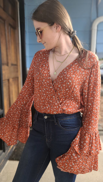 Come My Way Long Sleeve Floral Print Bodysuit - Rust