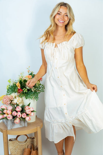 White Birch Flower Market Full Size Lace Trim Midi Dress