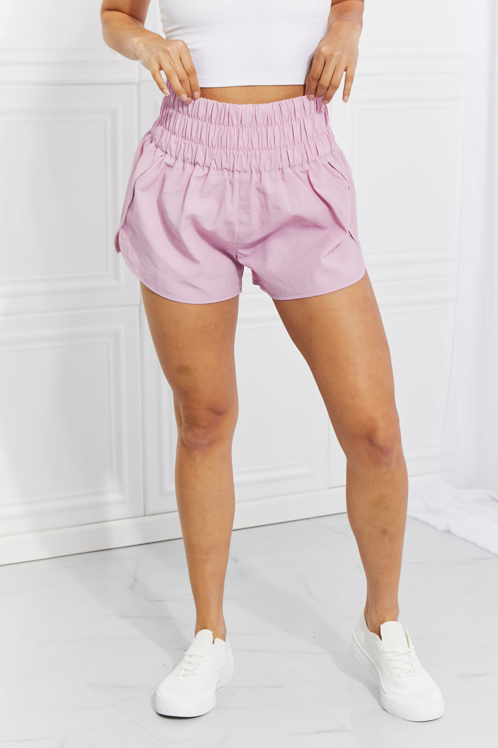 Zenana Cross Country Smocked Waist Running Shorts in Pink