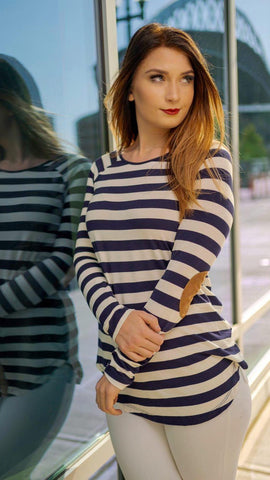 Calling Dibs striped long sleeve w/ elbow patch - Navy * FINAL SALE